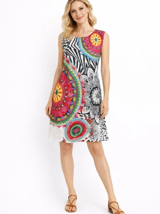 Papillon Blanc Multicolor Sleeveless Mandala Tunic with Black & White Accents - Picture 1 of 16